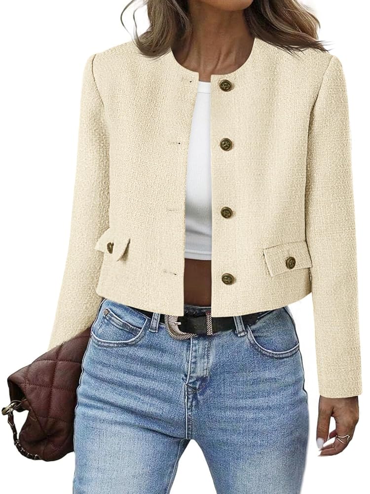 Cicy Bell Womens Cropped Tweed Blazer Collarless Button Down